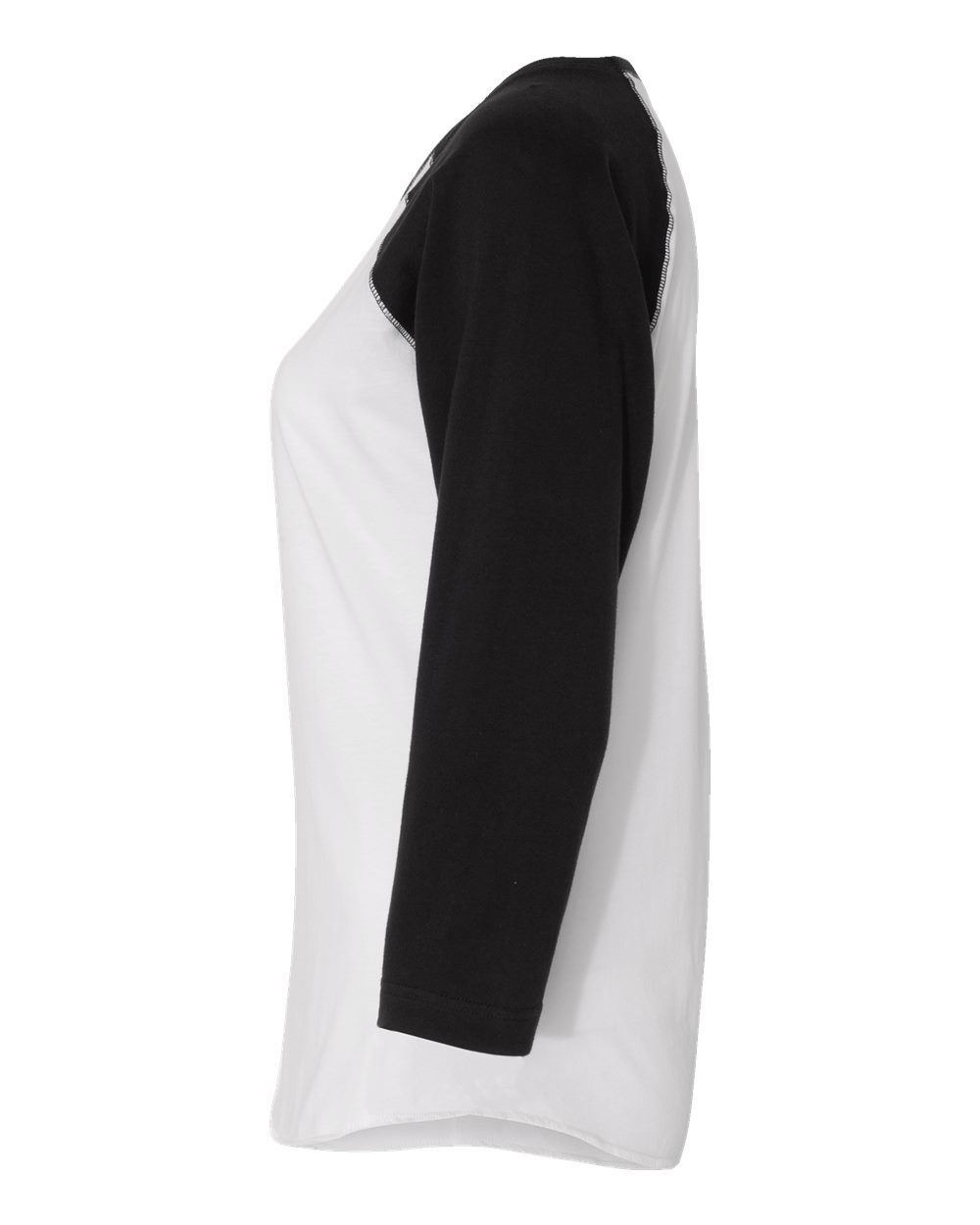 Left View of White Solid/ Black Women's Baseball Fine Jersey Three-Quarter Sleeve Tee - 3530