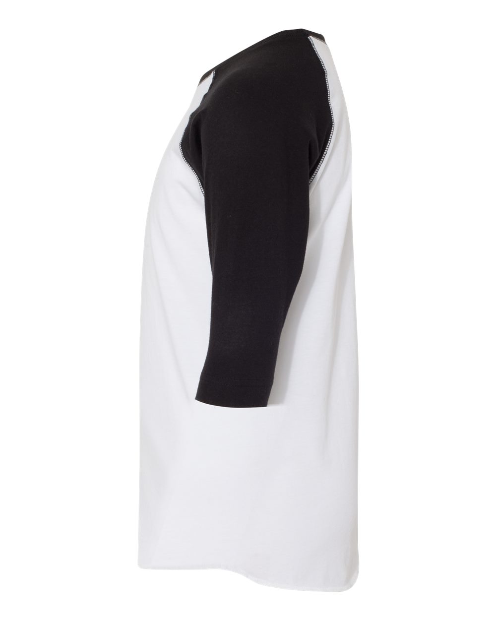 Left View of White Solid/ Black Youth Baseball Fine Jersey Three-Quarter Sleeve Tee - 6130