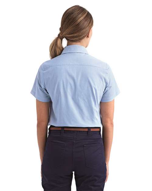 Light Blue/ White Women's Microcheck Gingham Short Sleeve Cotton Dress Shirt - RP321