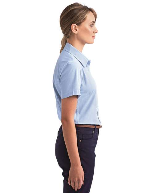 Light Blue/ White Women's Microcheck Gingham Short Sleeve Cotton Dress Shirt - RP321