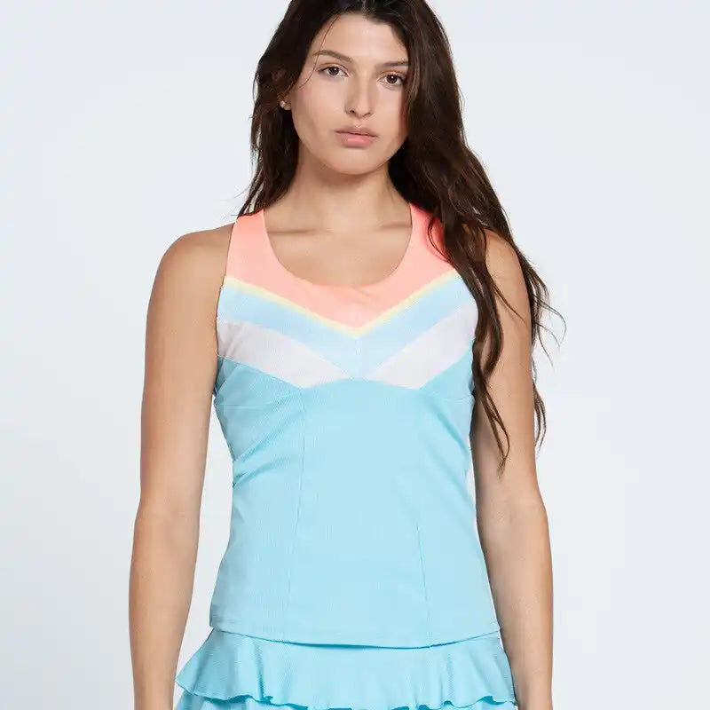 Lucky in Love Club Racerback Tank W/ Bra Women’s - Cool Blue Peach Frost