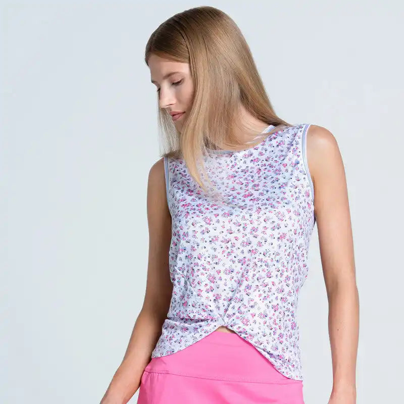 Lucky in Love Moon Flower Twist Front Tank Women’s - Powder Blue Taffy White