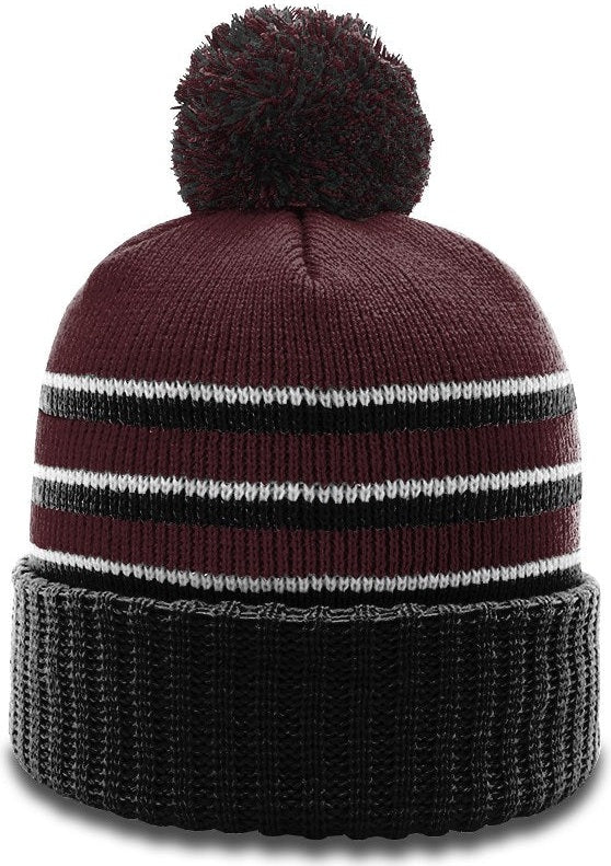 Maroon/Black/White Sriped Beanie with Cuff & Pom