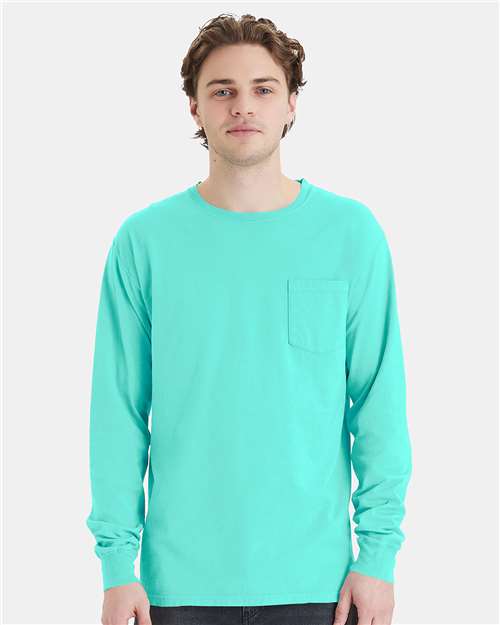 Mint Garment-Dyed Long Sleeve T-Shirt With a Pocket - GDH250