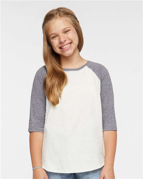 Natural Heather/ Granite Heather Youth Baseball Fine Jersey Three-Quarter Sleeve Tee - 6130