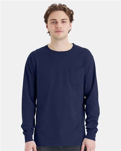 Navy Garment-Dyed Long Sleeve T-Shirt With a Pocket - GDH250