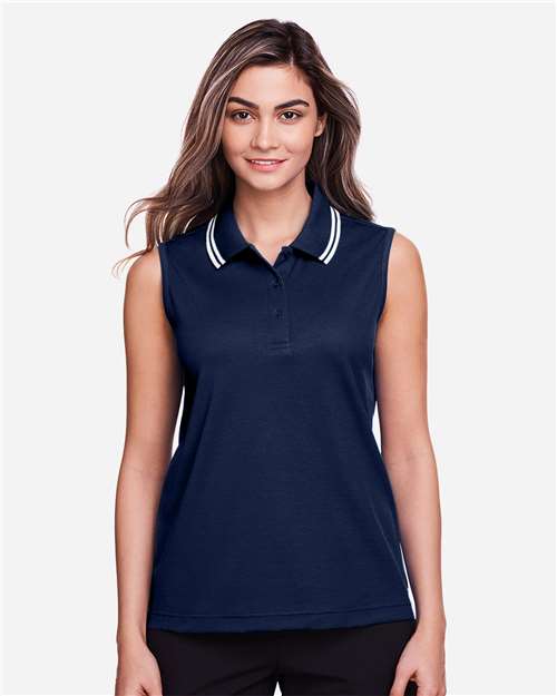 Navy/ White Women's CrownLux Performance® Plaited Tipped Sleeveless Polo - DG20SW