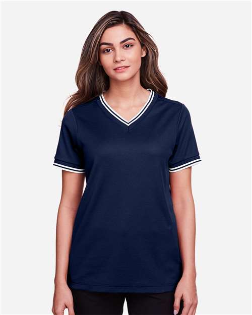 Navy/ White Women's CrownLux Performance® Plaited Tipped V-Neck Shirt - DG20CW