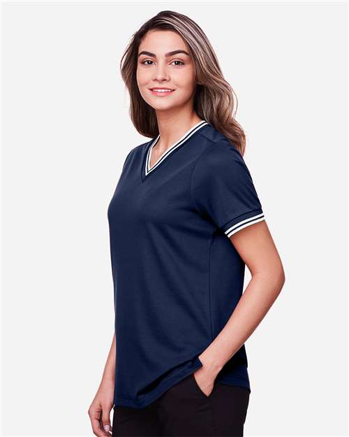 Navy/ White Women's CrownLux Performance® Plaited Tipped V-Neck Shirt - DG20CW