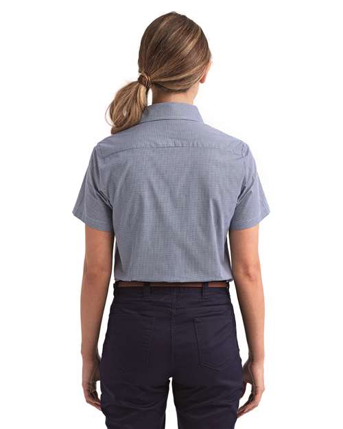 Navy/ White Women's Microcheck Gingham Short Sleeve Cotton Dress Shirt - RP321