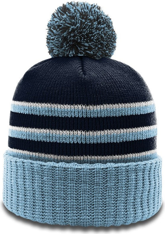 Navy/Columbia Blue/White Sriped Beanie with Cuff & Pom