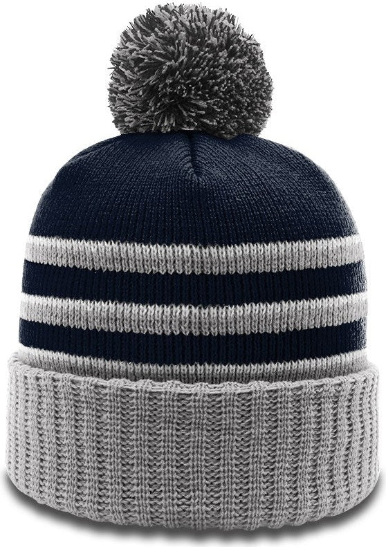 Navy/Grey/White Sriped Beanie with Cuff & Pom