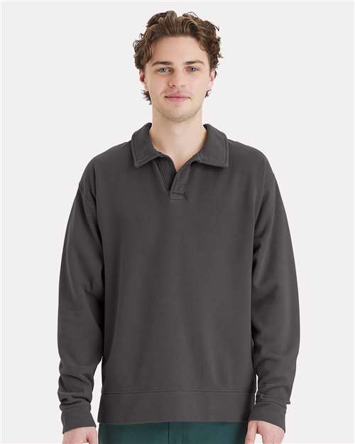 New Railroad Grey Garment-Dyed Polo Collar Sweatshirt - GDH490