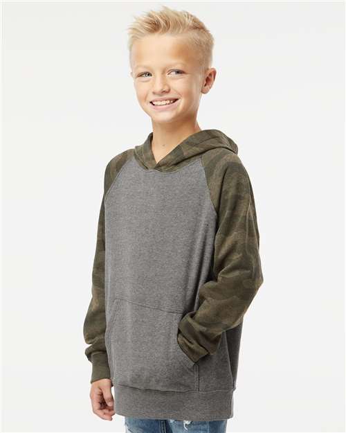 Nickel Heather/ Forest Camo Youth Lightweight Special Blend Raglan Hooded Sweatshirt - PRM15YSB