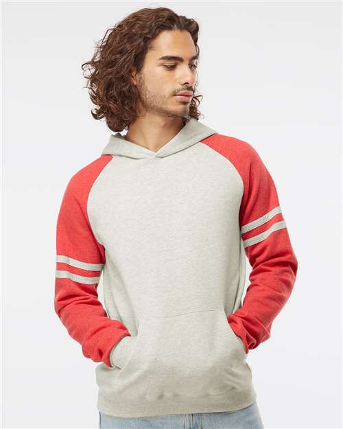Oatmeal Heather/ Fiery Red Heather Nublend® Varsity Colorblocked Raglan Hooded Sweatshirt - 97CR
