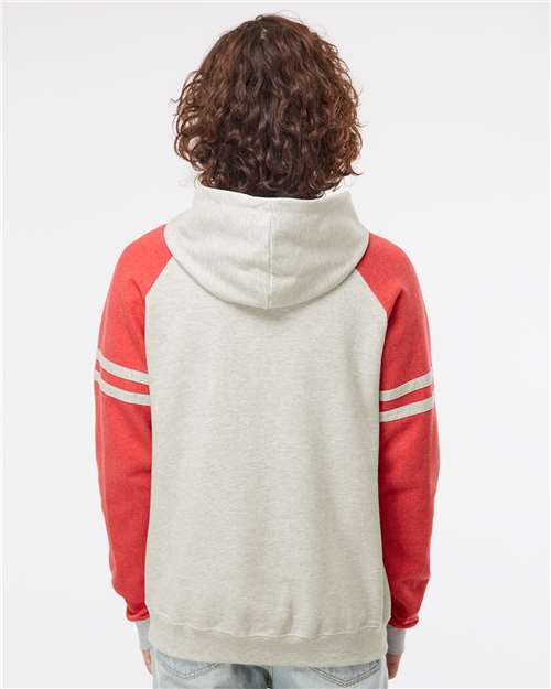 Oatmeal Heather/ Fiery Red Heather Nublend® Varsity Colorblocked Raglan Hooded Sweatshirt - 97CR