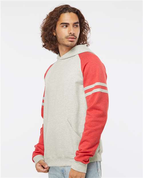 Oatmeal Heather/ Fiery Red Heather Nublend® Varsity Colorblocked Raglan Hooded Sweatshirt - 97CR