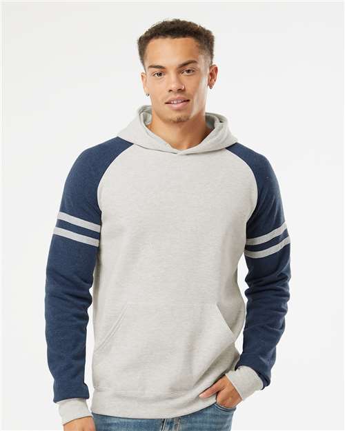 Oatmeal Heather/ Indigo Heather Nublend® Varsity Colorblocked Raglan Hooded Sweatshirt - 97CR