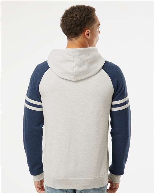 Oatmeal Heather/ Indigo Heather Nublend® Varsity Colorblocked Raglan Hooded Sweatshirt - 97CR