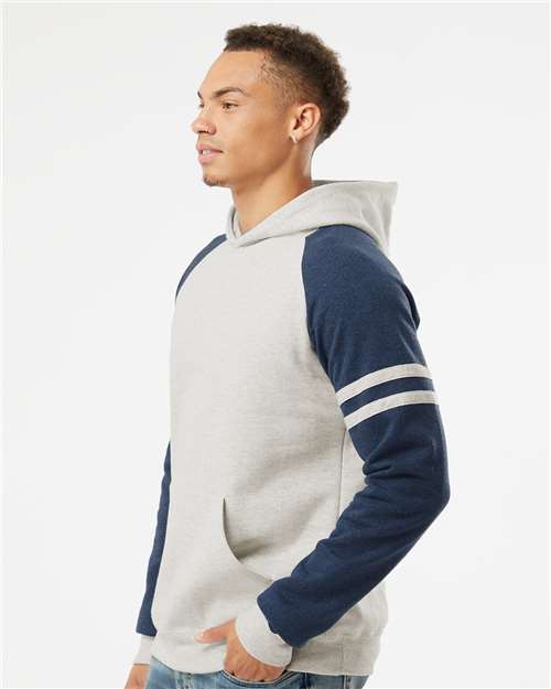 Oatmeal Heather/ Indigo Heather Nublend® Varsity Colorblocked Raglan Hooded Sweatshirt - 97CR