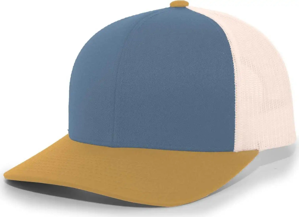 Pacific Headwear 104c Trucker Snapback Cap - Ocean Blue Amber Gold Beige - Navy Ivory / 7’’ - 7 7/8’’