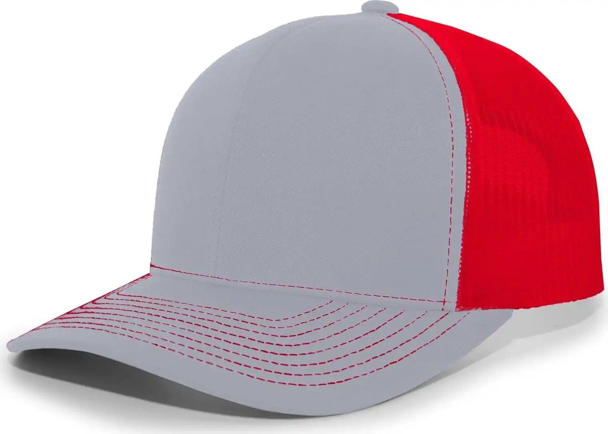 Pacific Headwear 104s Contrast Stitch Snapback Trucker Cap - Heathergrey Red Heather Grey - Gray / 7’’ - 7 7/8’’