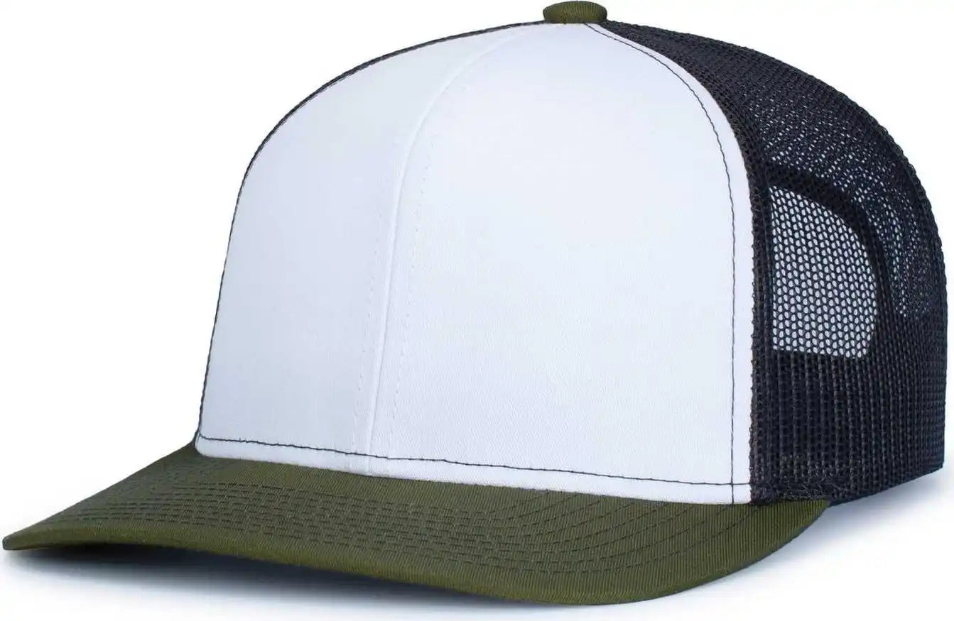 Pacific Headwear 104s Contrast Stitch Trucker Snapback - White Light Charcoal Moss - Olive / 7’’ 7 7/8’’