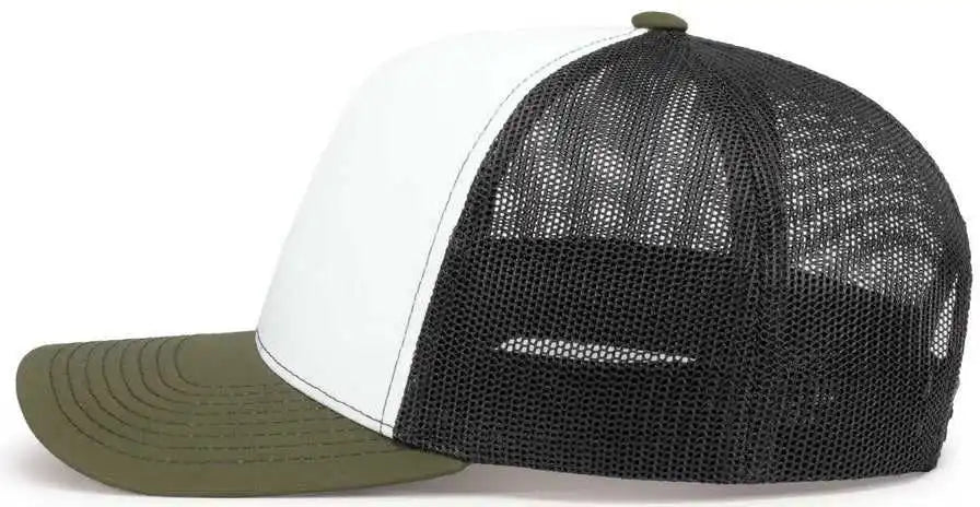 Pacific Headwear 104s Contrast Stitch Trucker Snapback - White Light Charcoal Moss - Olive / 7’’ 7 7/8’’