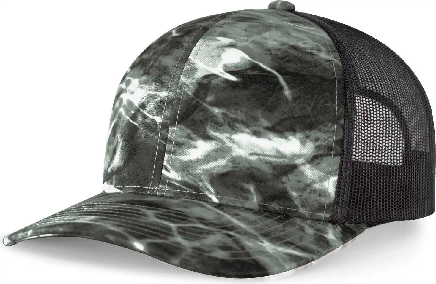 Pacific Headwear 107c Elements Agua Camo Trucker Snapback Cap - Blacktip Lt Charcoal - Mossy Oak Dark Gray / 7’’ - 7