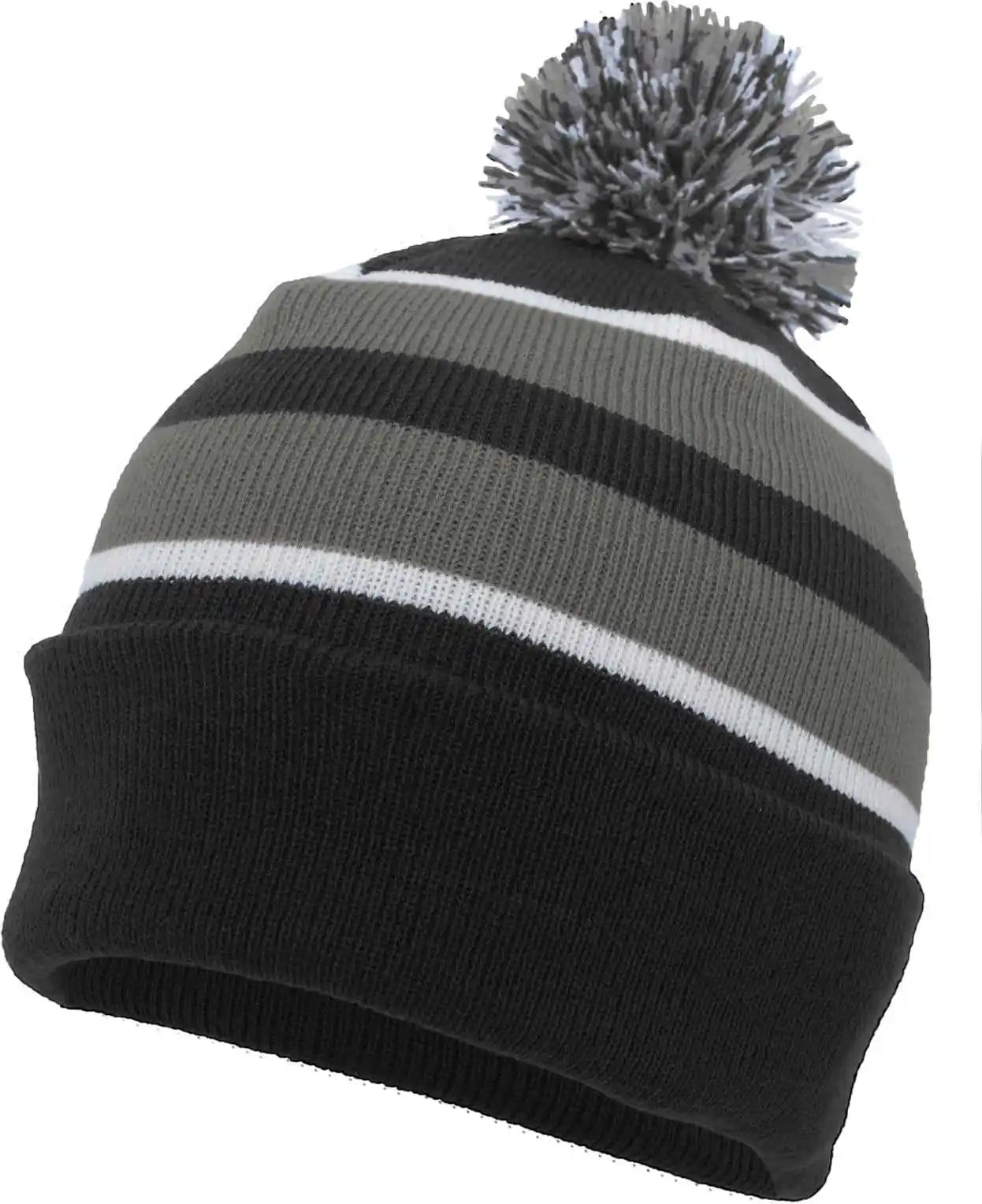 Pacific Headwear 641k Knit Fold Over Pom-pom Beanie - Black Graphite White - 7’’ - 7 7/8’’
