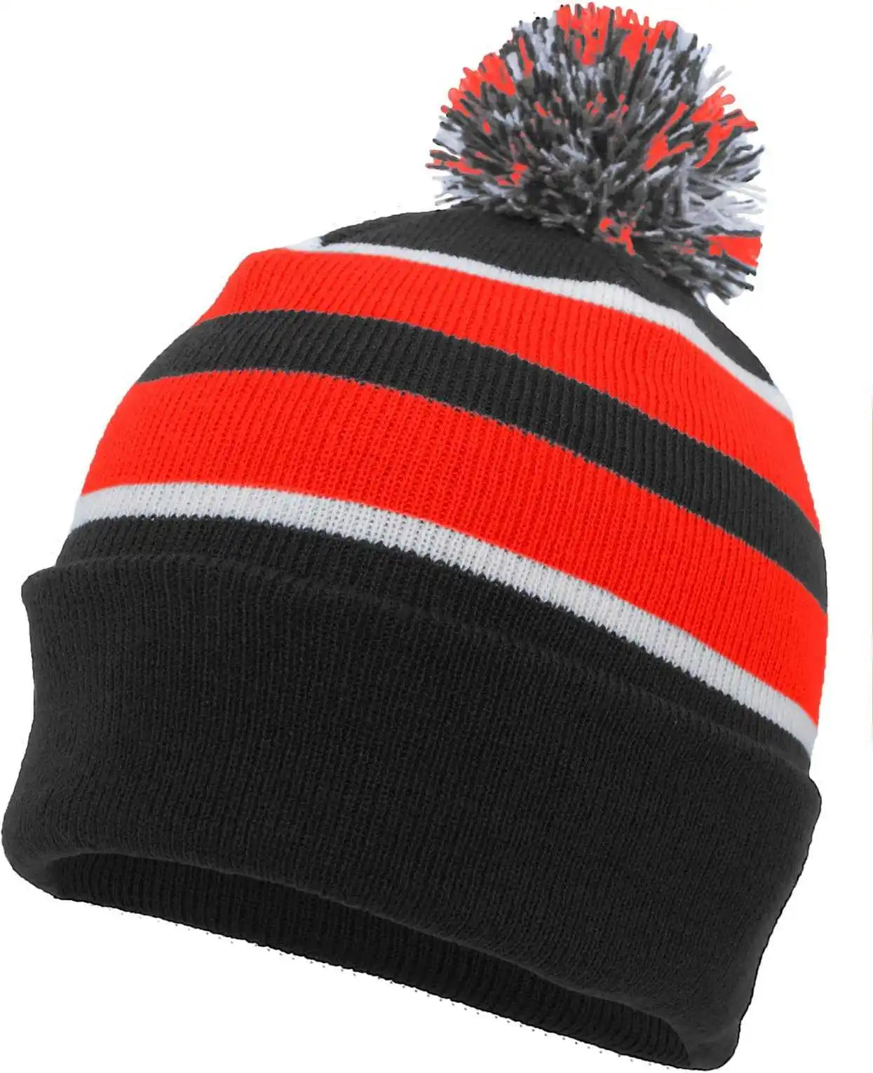 Pacific Headwear 641k Pom-pom Cuff Beanie - Black Red White - 7’’ - 7 7/8’’