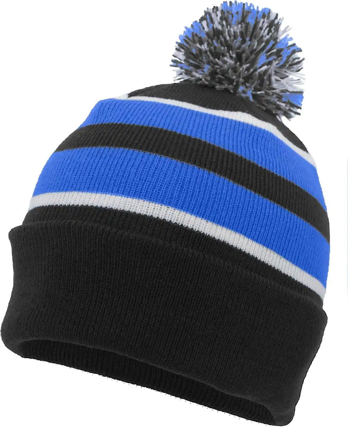 Pacific Headwear 641k Pom-pom Cuff Beanie - Black Royal White - 7’’ - 7 7/8’’