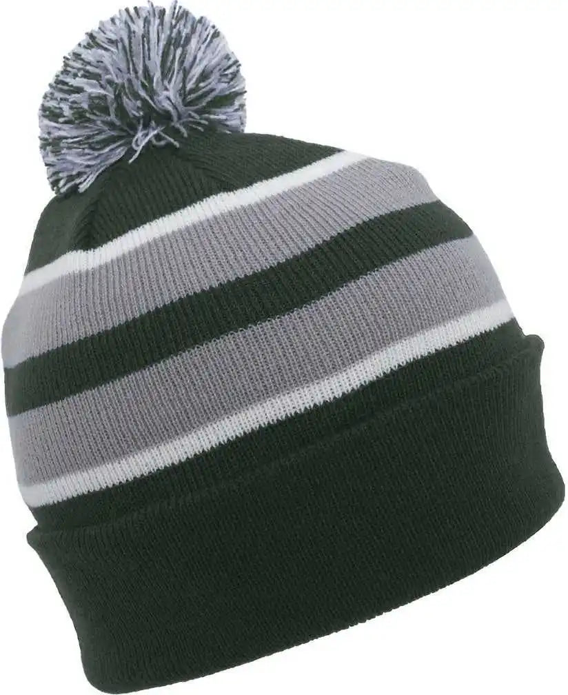 Pacific Headwear 641k Pom-pom Cuff Beanie - Dark Green Silver White - Forest Light Gray / 7’’ - 7 7/8’’