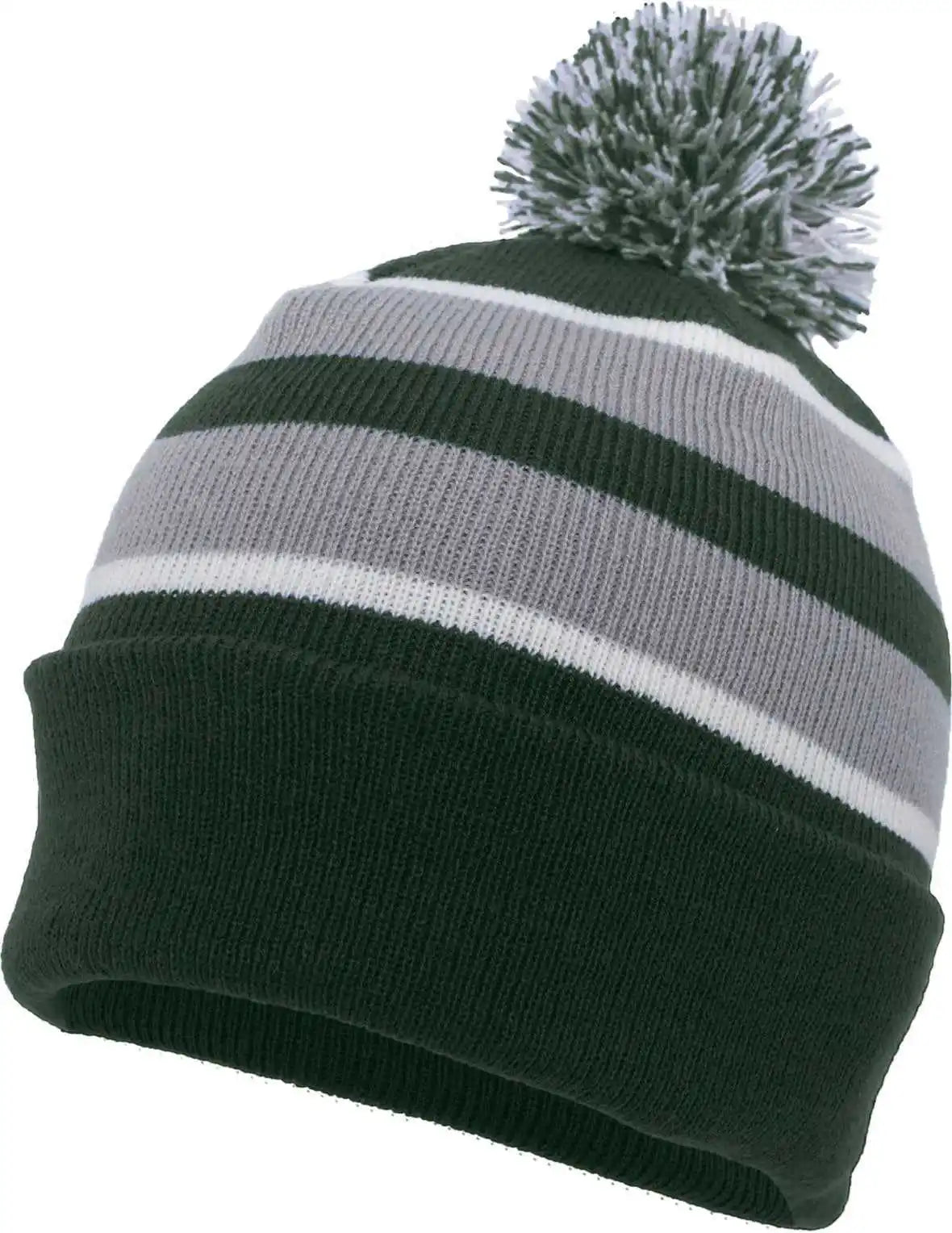Pacific Headwear 641k Pom-pom Cuff Beanie - Dark Green Silver White - Forest Light Gray / 7’’ - 7 7/8’’