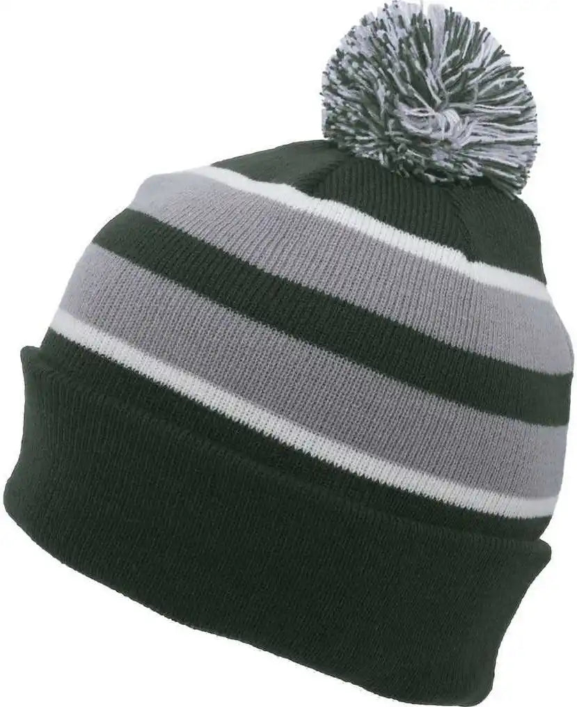 Pacific Headwear 641k Pom-pom Cuff Beanie - Dark Green Silver White - Forest Light Gray / 7’’ - 7 7/8’’