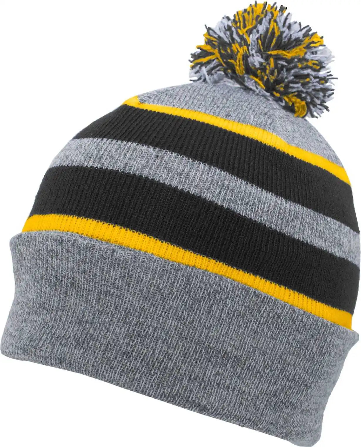 Pacific Headwear 641k Pom-pom Cuff Beanie - Heather Gray Black Gold - 7’’ - 7 7/8’’