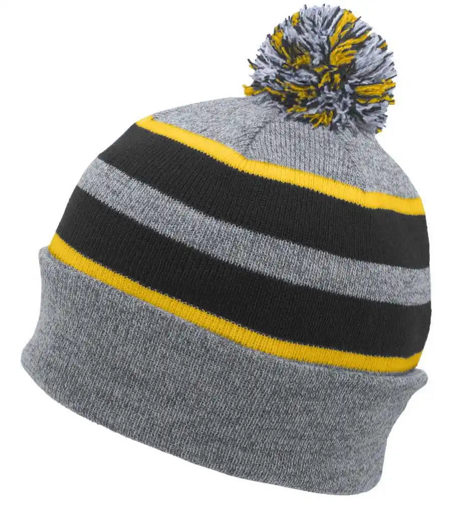 Pacific Headwear 641k Pom-pom Cuff Beanie - Heather Gray Black Gold - 7’’ - 7 7/8’’