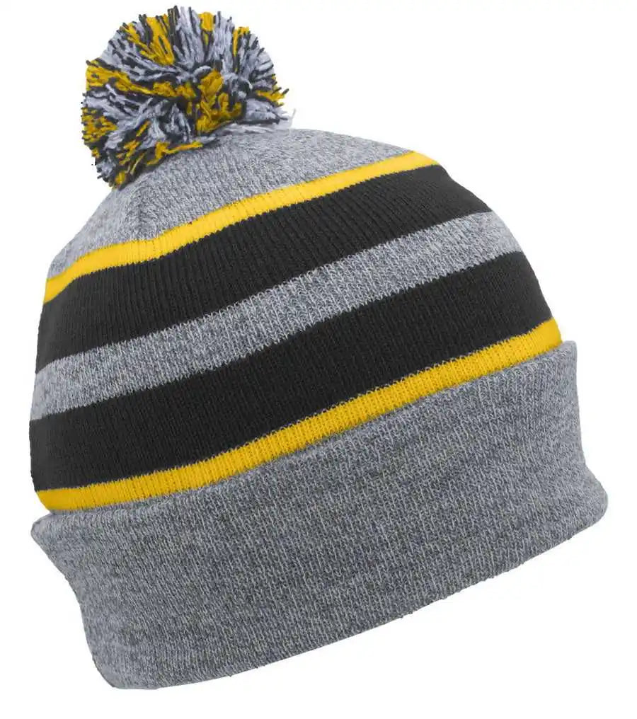 Pacific Headwear 641k Pom-pom Cuff Beanie - Heather Gray Black Gold - 7’’ - 7 7/8’’