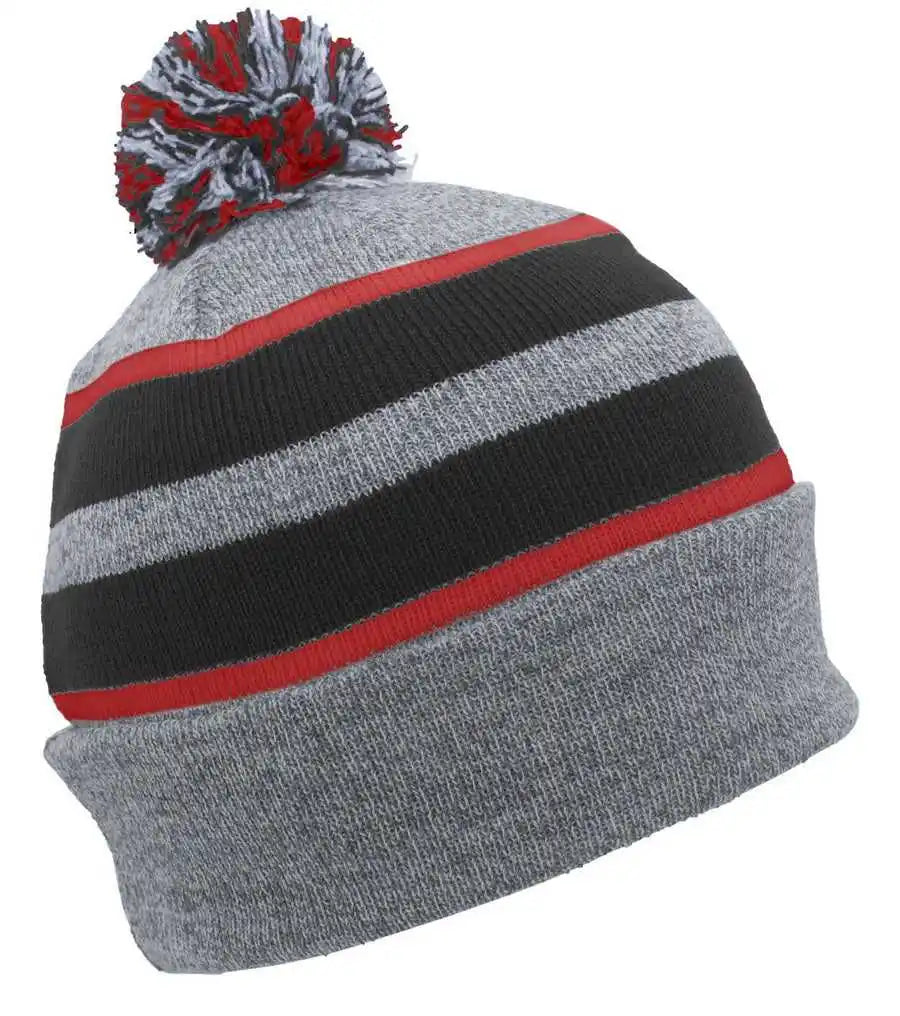 Pacific Headwear 641k Pom-pom Cuff Beanie - Heather Gray Black Red - 7’’ - 7 7/8’’