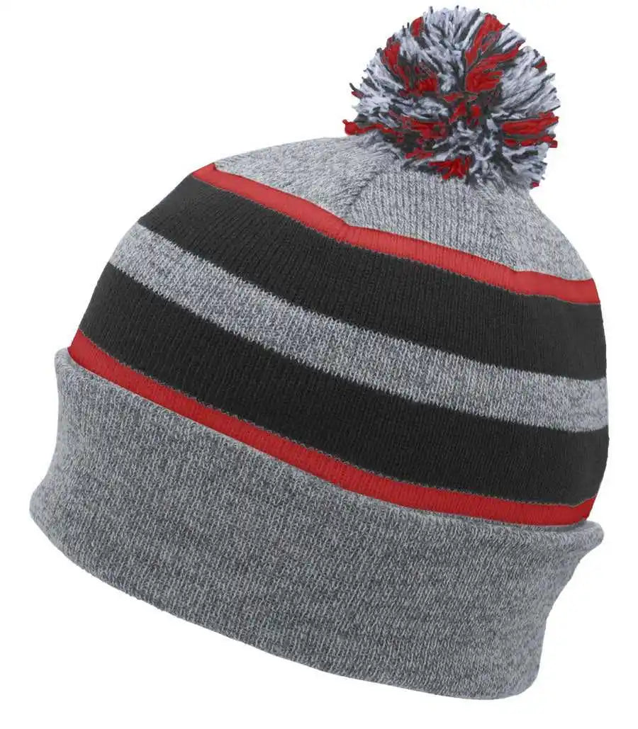 Pacific Headwear 641k Pom-pom Cuff Beanie - Heather Gray Black Red - 7’’ - 7 7/8’’