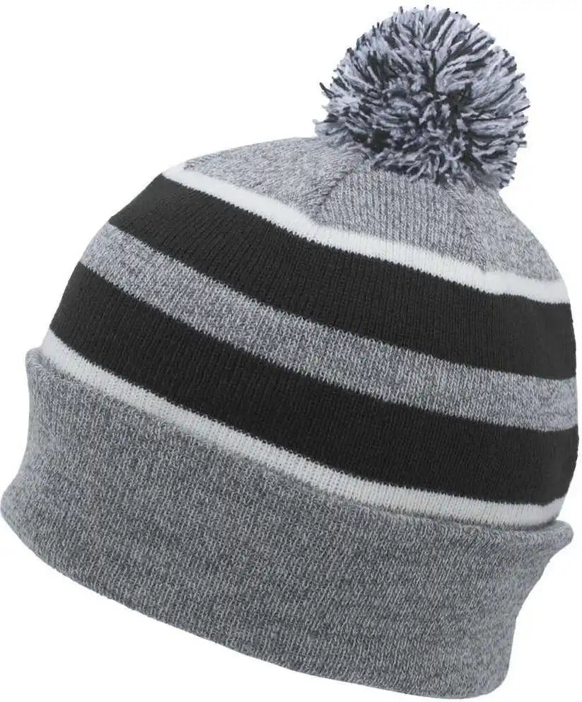 Pacific Headwear 641k Pom-pom Cuff Beanie - Heather Gray Black White - 7’’ - 7 7/8’’