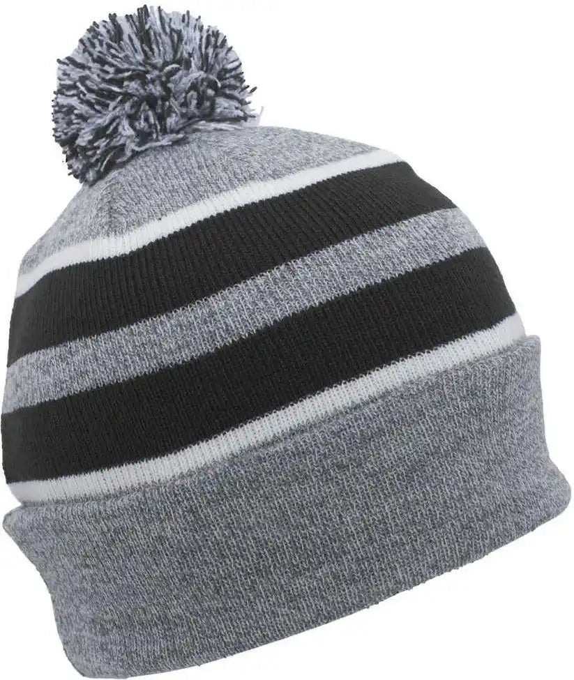Pacific Headwear 641k Pom-pom Cuff Beanie - Heather Gray Black White - 7’’ - 7 7/8’’