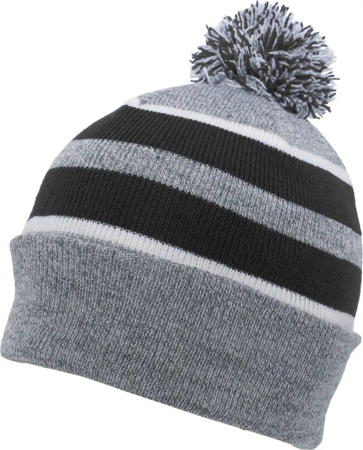 Pacific Headwear 641k Pom-pom Cuff Beanie - Heather Gray Black White - 7’’ - 7 7/8’’
