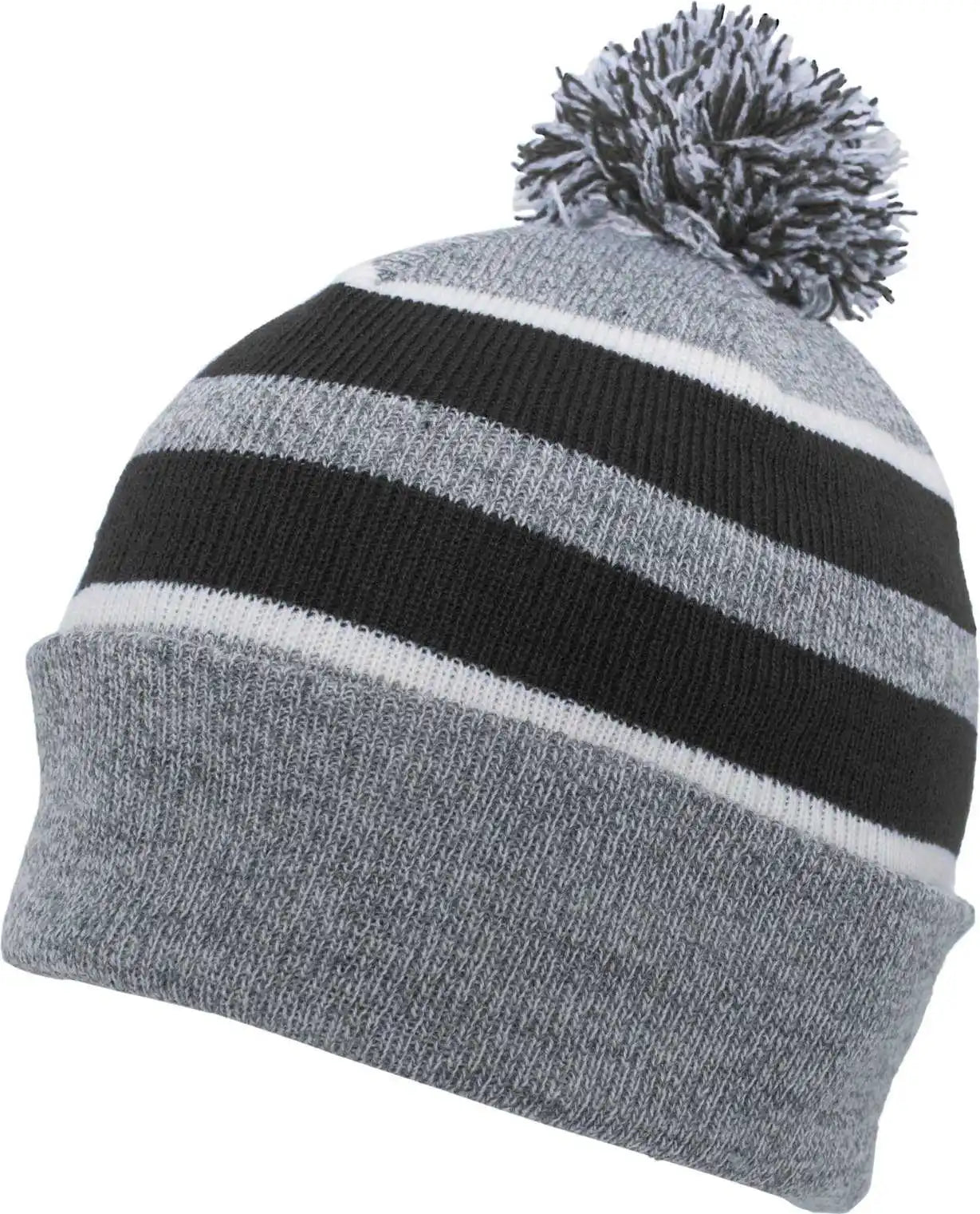 Pacific Headwear 641k Pom-pom Cuff Beanie - Heather Gray Black White - 7’’ - 7 7/8’’