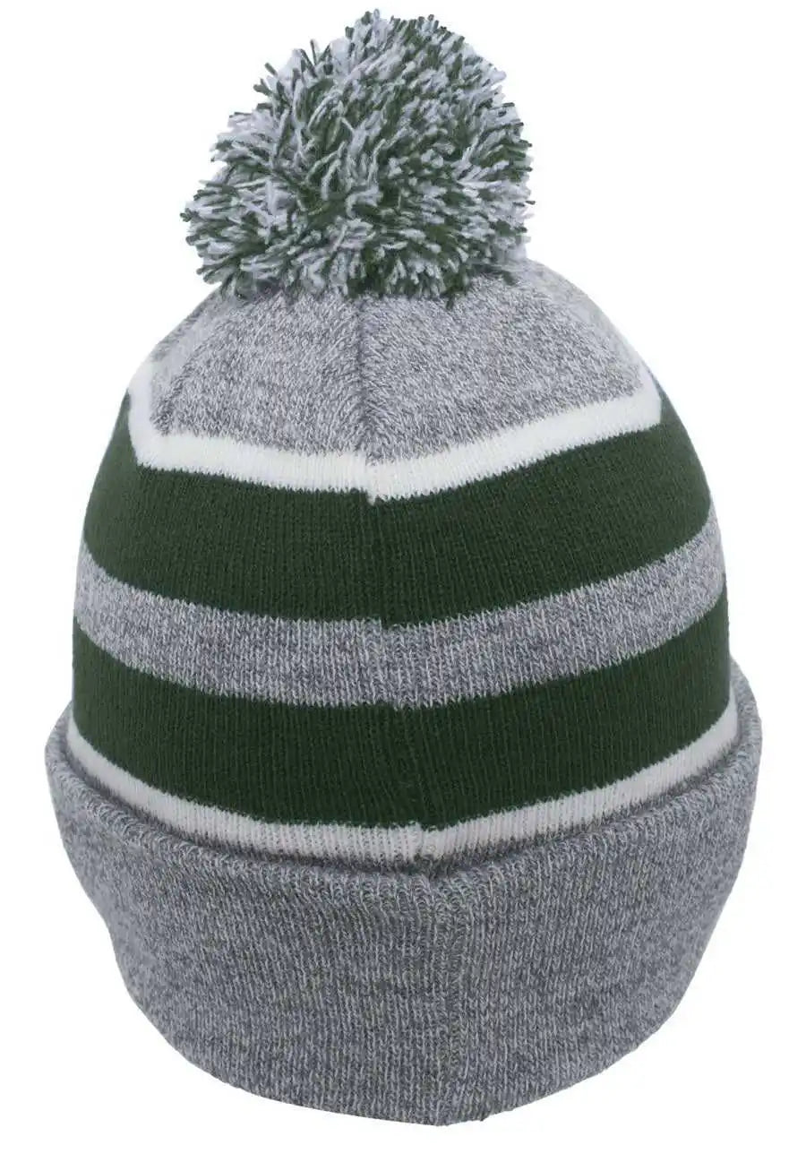 Pacific Headwear 641k Pom-pom Cuff Beanie - Heather Gray Dark Green White - Forest / 7’’ - 7 7/8’’