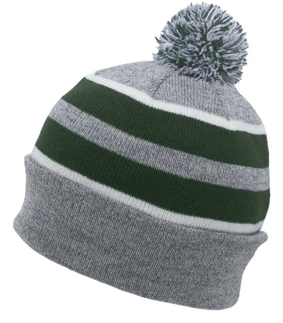 Pacific Headwear 641k Pom-pom Cuff Beanie - Heather Gray Dark Green White - Forest / 7’’ - 7 7/8’’