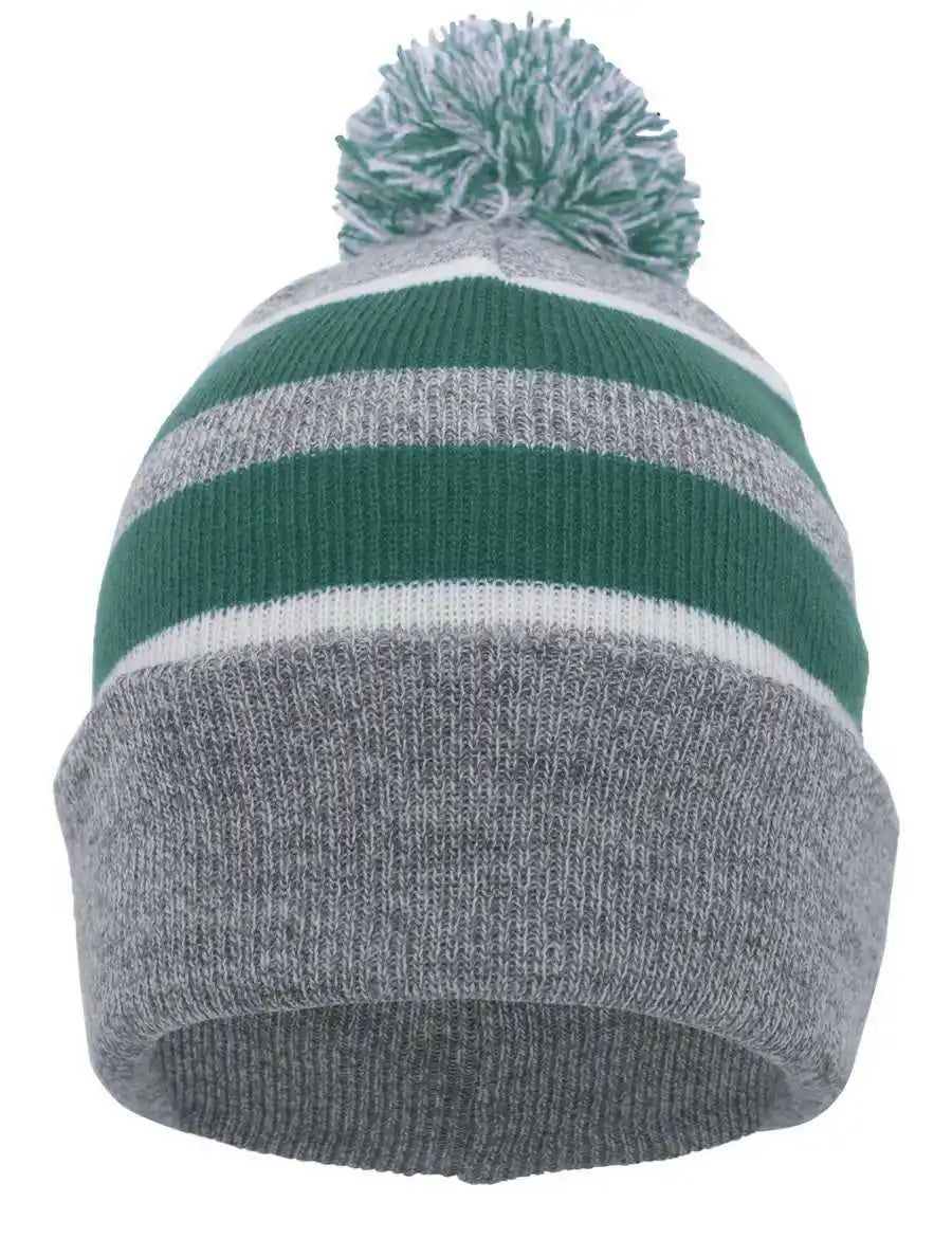 Pacific Headwear 641k Pom-pom Cuff Beanie - Heather Gray Kelly White - 7’’ - 7 7/8’’