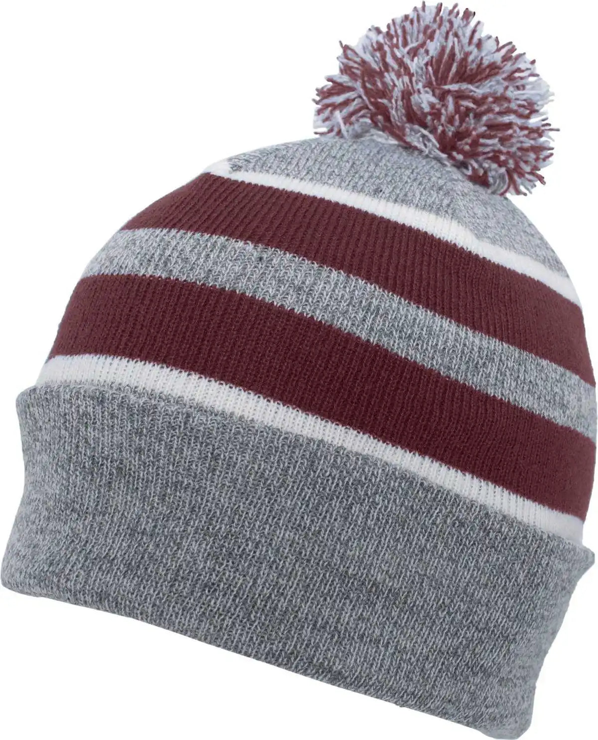 Pacific Headwear 641k Pom-pom Cuff Beanie - Heather Gray Maroon White - 7’’ - 7 7/8’’