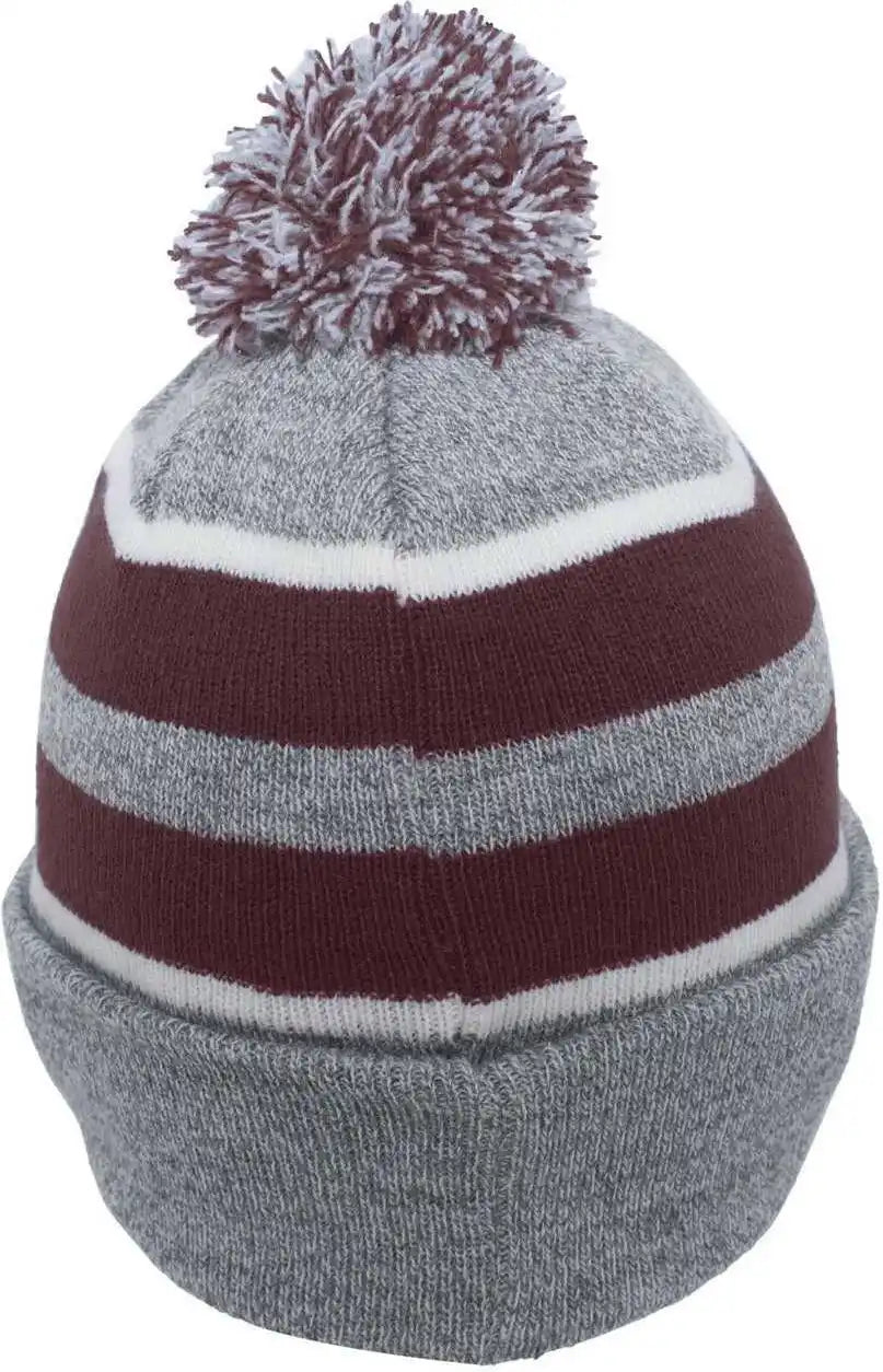 Pacific Headwear 641k Pom-pom Cuff Beanie - Heather Gray Maroon White - 7’’ - 7 7/8’’