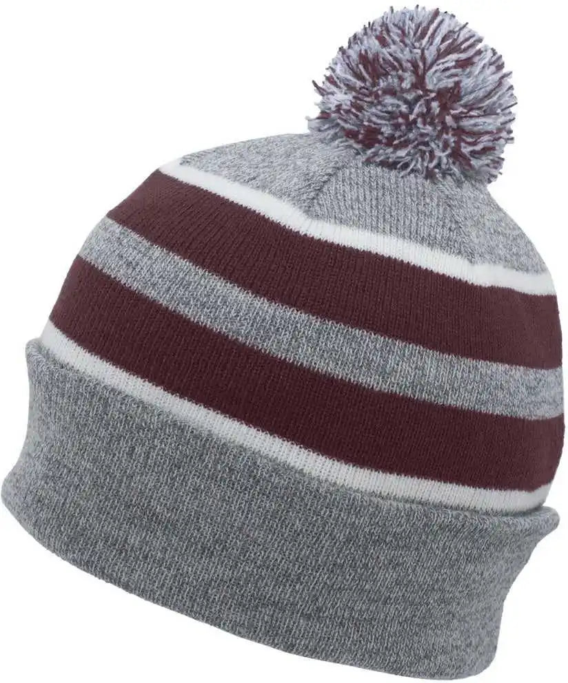 Pacific Headwear 641k Pom-pom Cuff Beanie - Heather Gray Maroon White - 7’’ - 7 7/8’’